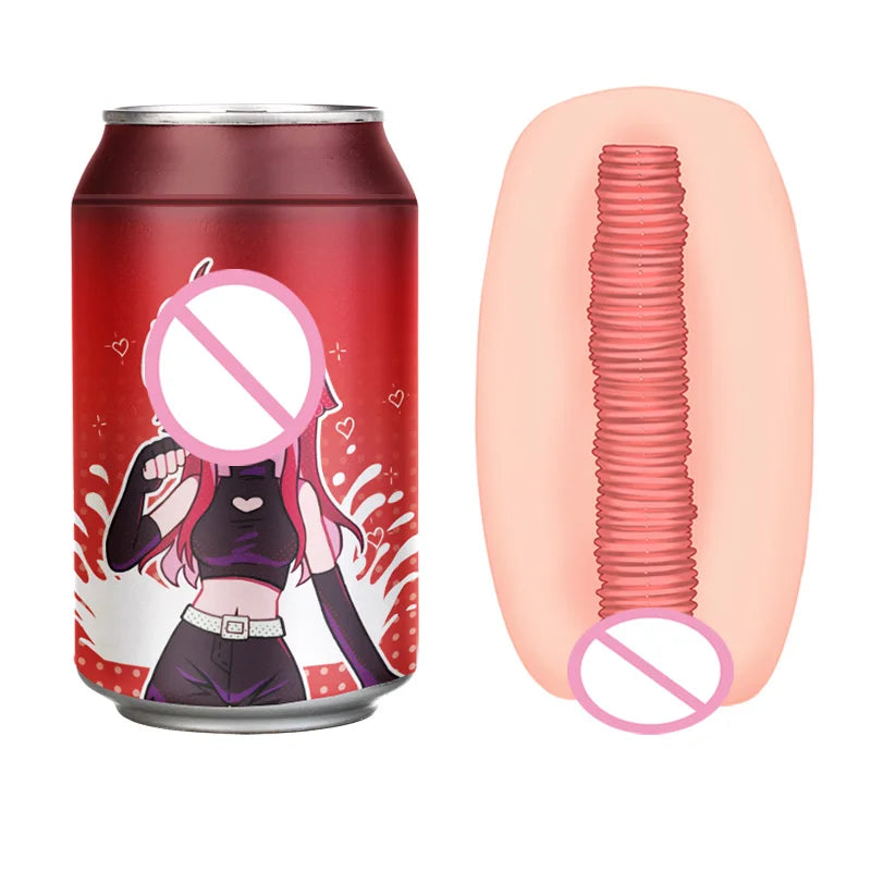 A red can with a female anime character dressed in jeans and a tank top. On the right is a pink fleshy object depicting the inner pleasure chamber with many circular ridges and textures.