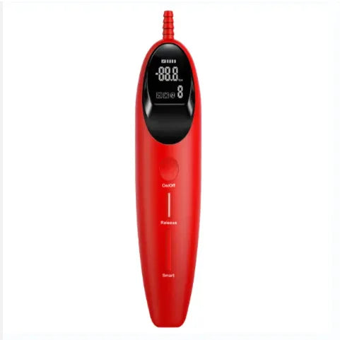 Red electronic penis pump device with digital display on a white background