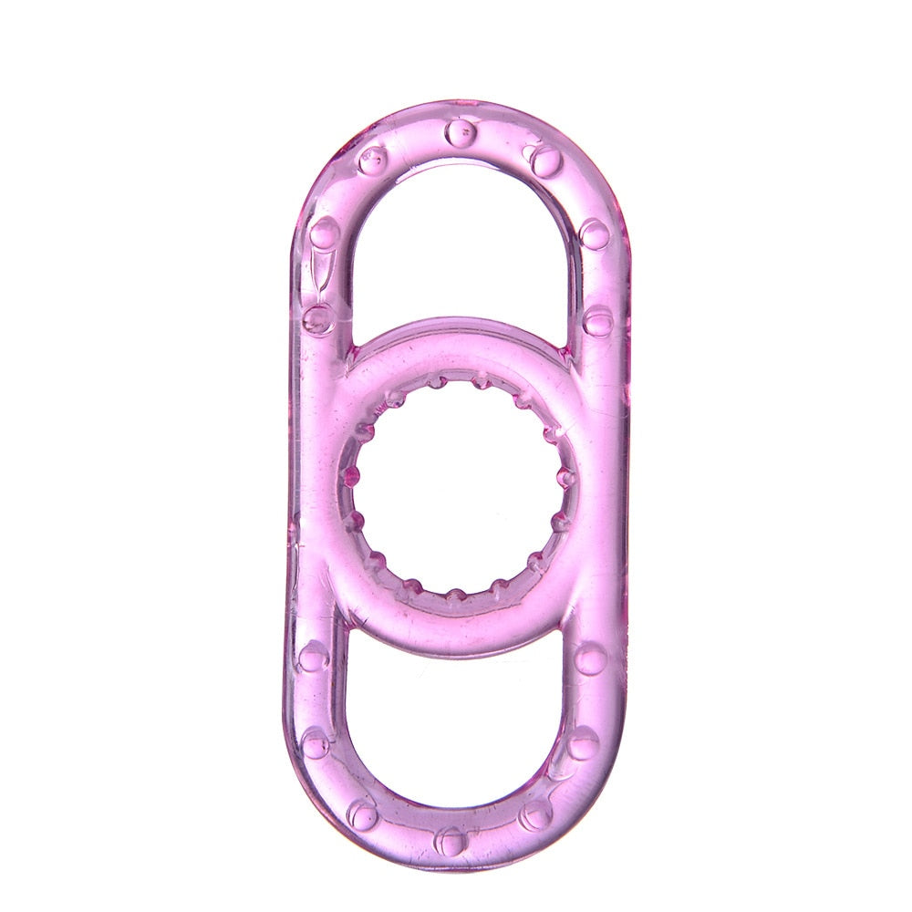 A translucent rose colored cock ring with pullable side handles