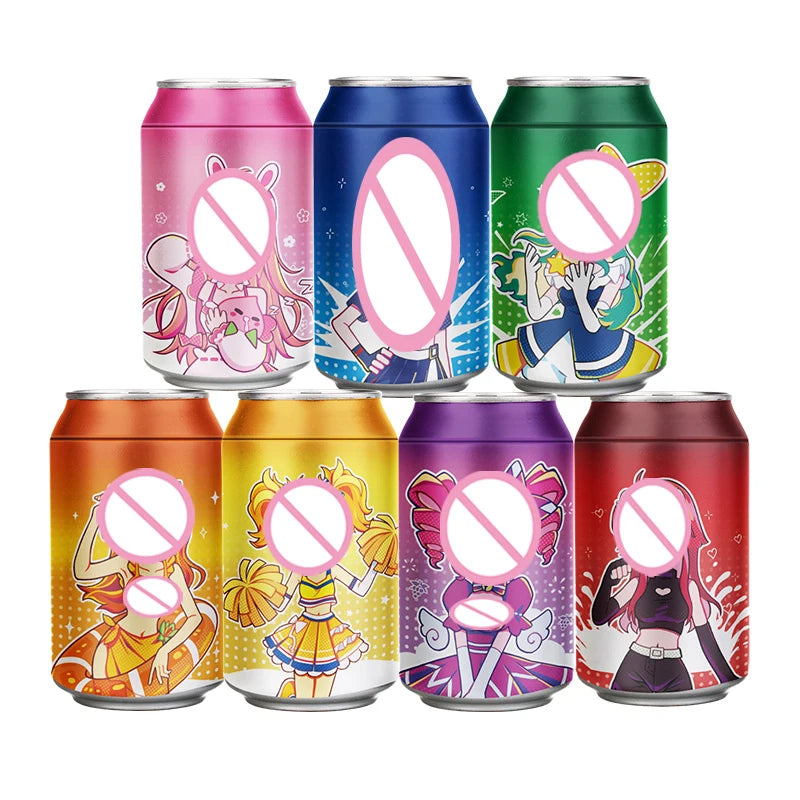 Set of colorful rainbow cans with adult suggestive female cartoon character designs on a white background