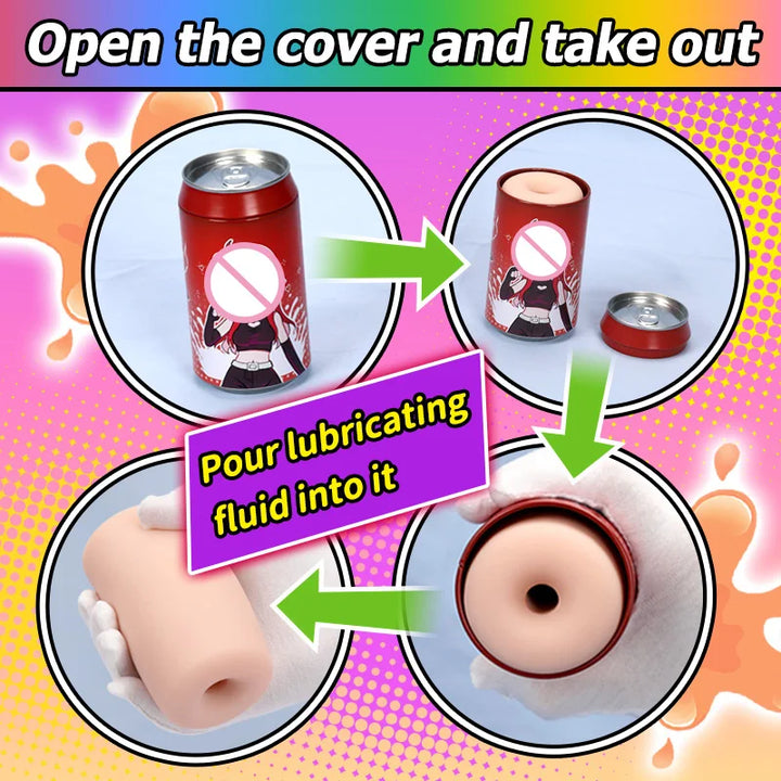 Directions showing how to use the shibari 7 male masturbators. Open cover, apply lubricant, and then insert into hole.