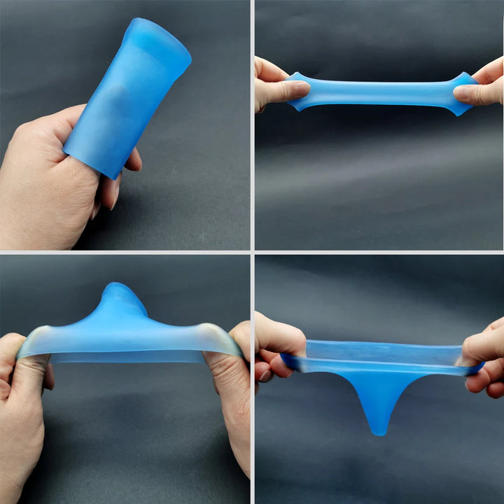 Four images of handling a blue silicone sleeve to show its stretchiness and flexibility.