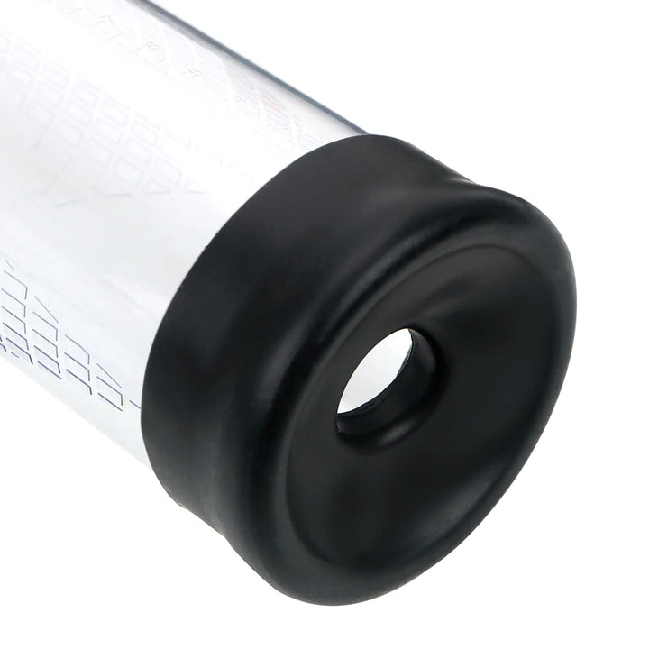 A black silicone sleeve wrapped around the opening of a clear cylinder