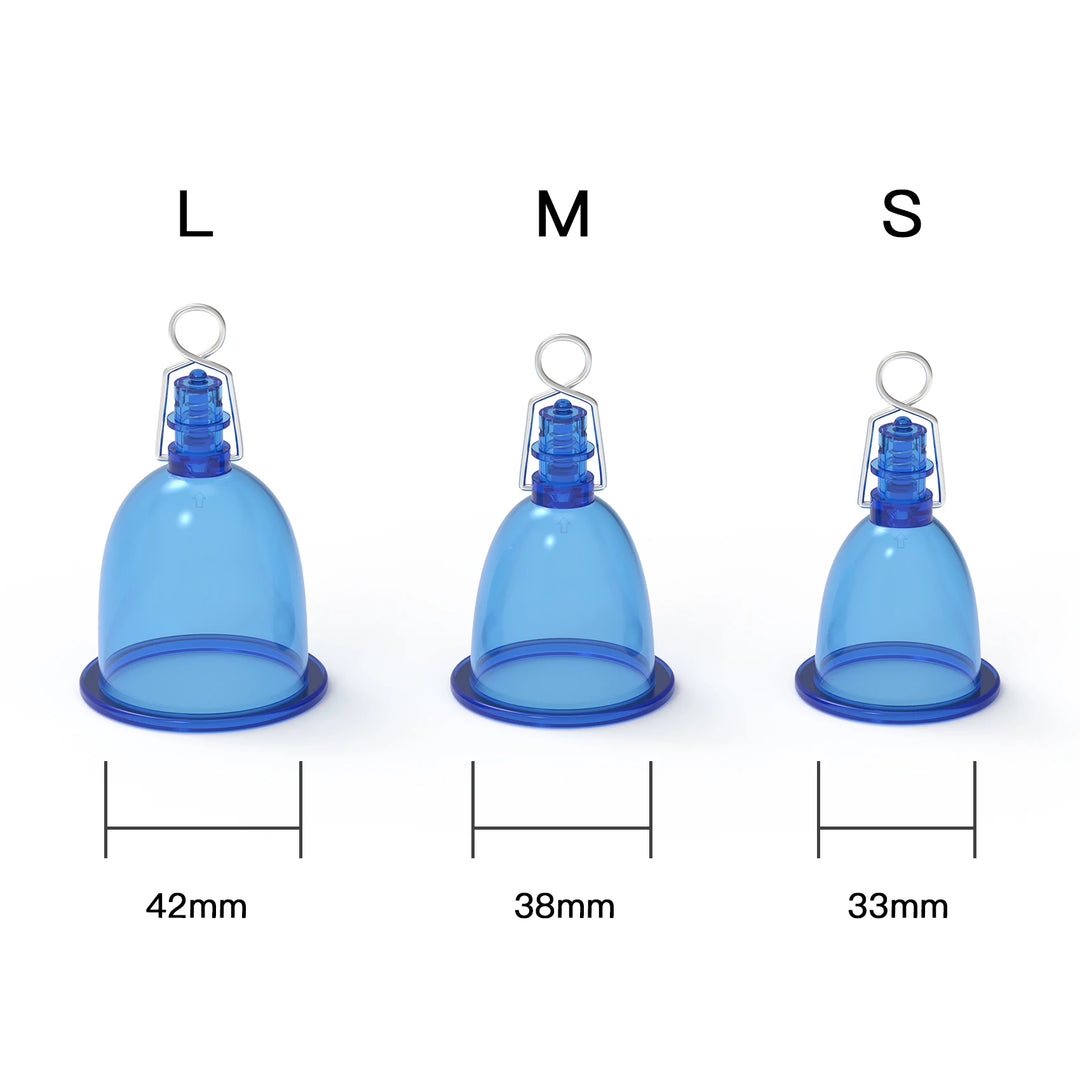 Three vacuum cups labeled L for large and 42 mm in diameter, M for medium and 38 mm in diameter, and S for small and 33 mm in diameter. Each cup is a translucent blue color on a white background.