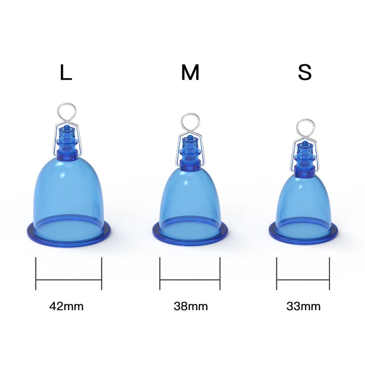 Three vacuum cups labeled L for large and 42 mm in diameter, M for medium and 38 mm in diameter, and S for small and 33 mm in diameter. Each cup is a translucent blue color on a white background.