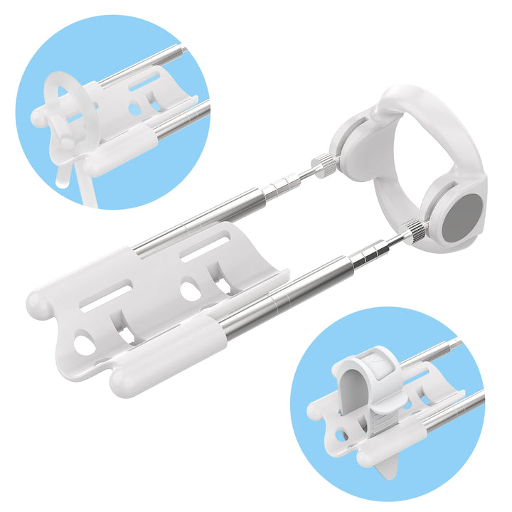 An image showing the two different manners in which the rod-traction system can hold the penis in place. One image shows the rubber tubing on a blue background, and the second image shows a flat rubber strap on a blue background.