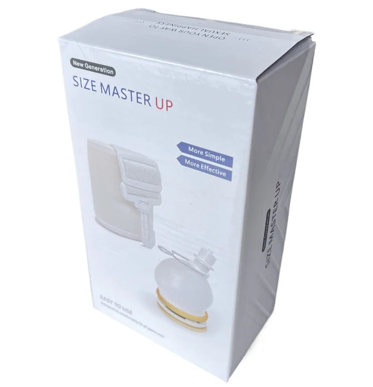 An image of a product box for a leg strap penis extender all day stretcher. The image comprises the leg strap and the penis vacuum cup on a white background.