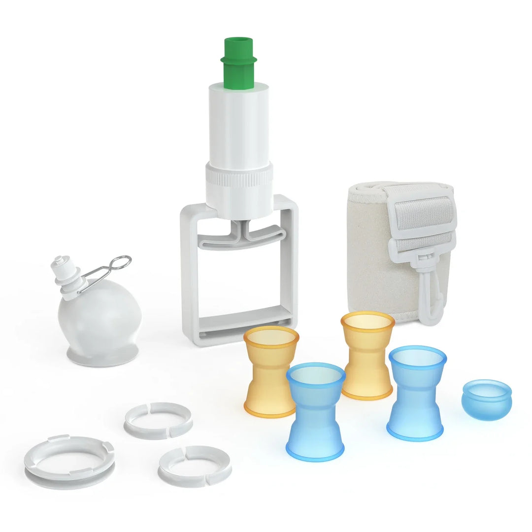 An image displaying all components of the SizeMasterUp Leg Strap Penis Extender All Day Stretcher, comprising a vacuum cup to hold the penis glans, a hand pump with pull-lever, the Velcro leg strap, three size adjusters, and five attachment sleeves in blue and orange colors.