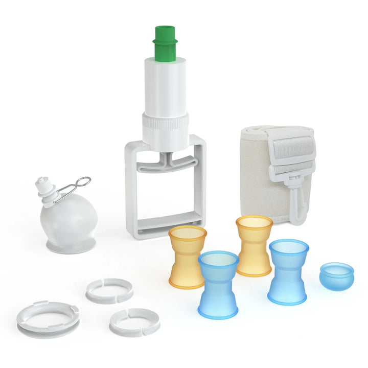 An image displaying all components of the SizeMasterUp Leg Strap Penis Extender All Day Stretcher, comprising a vacuum cup to hold the penis glans, a hand pump with pull-lever, the Velcro leg strap, three size adjusters, and five attachment sleeves in blue and orange colors.