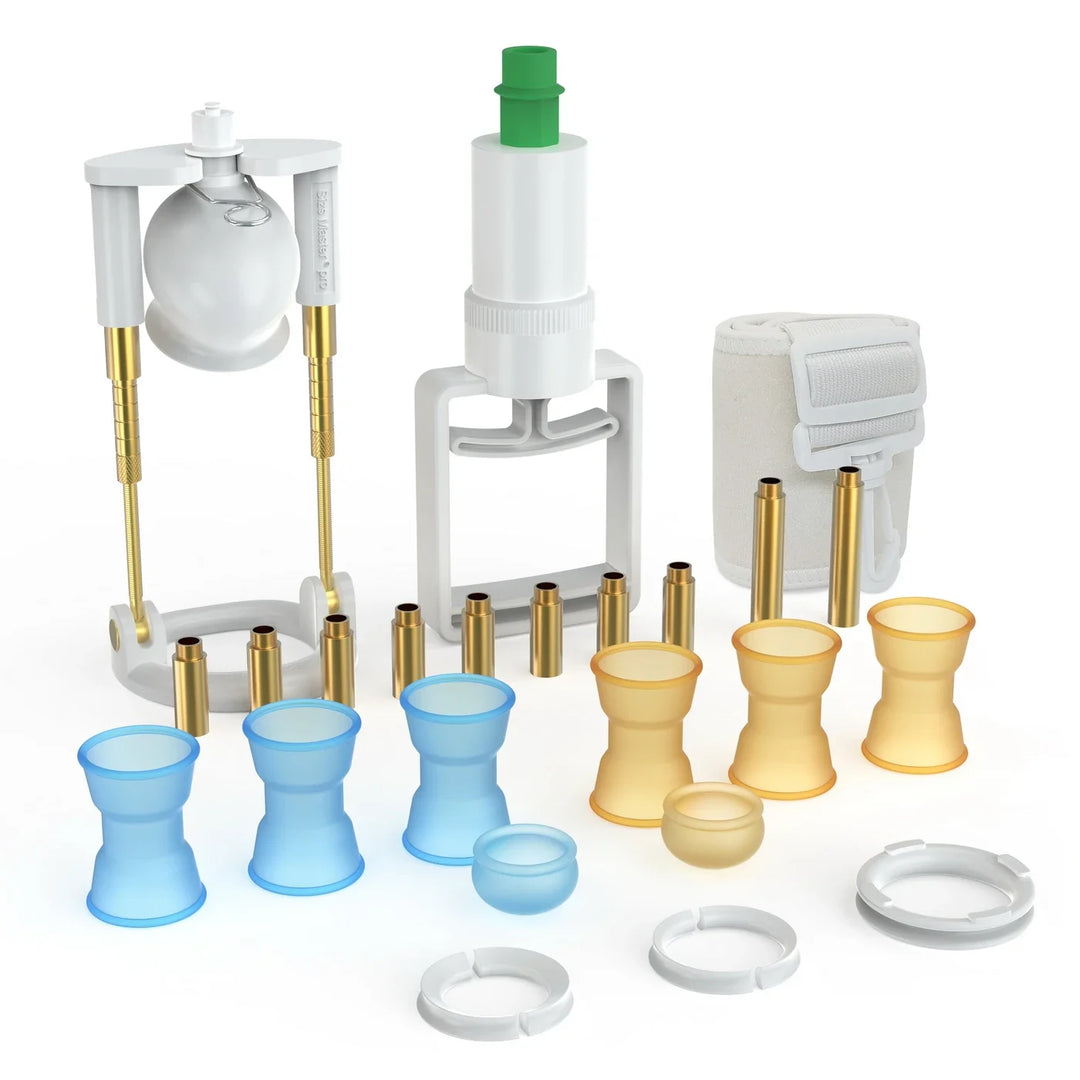 An image of several product components of the SizeMasterX including a rod extender contraption, a hand pump with pullable lever, a leg strap brace with Velcro, several individual rod bronze pieces, several blue and orange sleeves, and three white size adjusters.