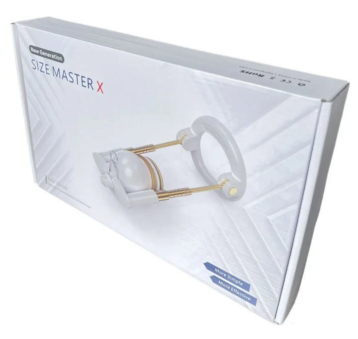 An image of a product box for the SizeMasterX Rod Traction + Leg Strap device depicting a white cardboard box with a metal and plastic contraption with a holder cup and metal rods.
