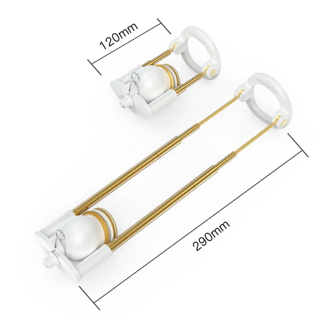 Dimensions of the SizeMasterX Rod Traction system showing its length f 290 mm or 11.42" inches, and the shortest length of 120 mm or 4.72" inches.