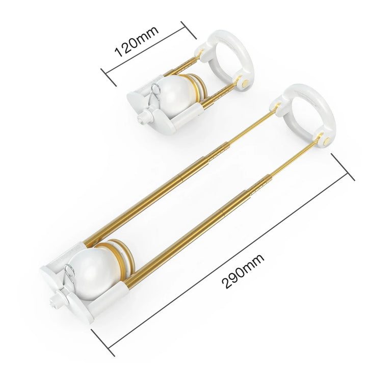 Dimensions of the SizeMasterX Rod Traction system showing its length f 290 mm or 11.42" inches, and the shortest length of 120 mm or 4.72" inches.