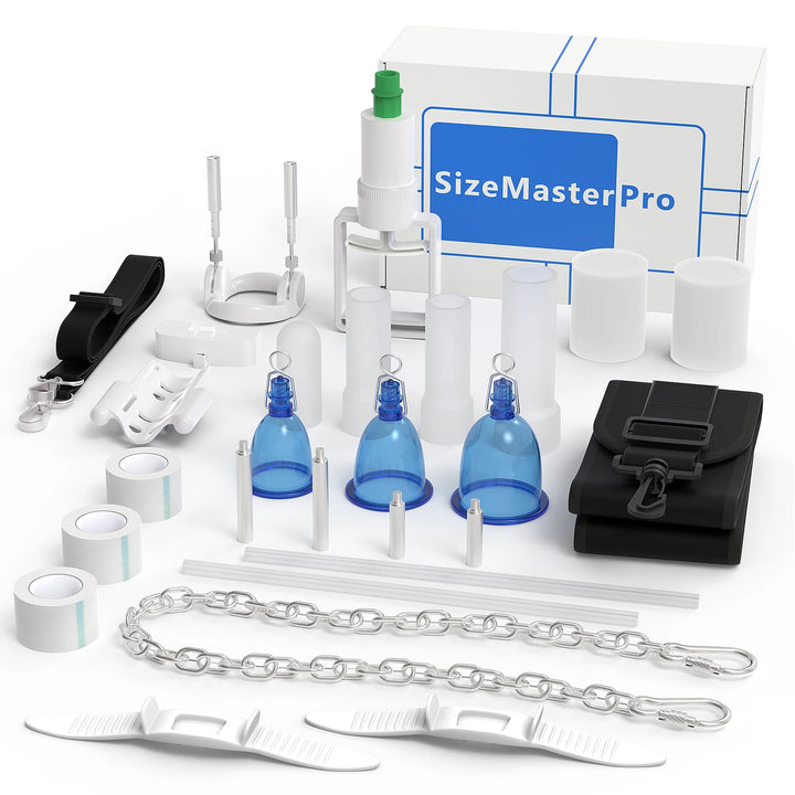 SizeMaster Pro Penis Extender kit with various components on a white background including a manual hand pump, vacuum cups, a rod-traction system, a leg-strap device for stretching, silicone sleeves for attachment, tape, bands, and chains.