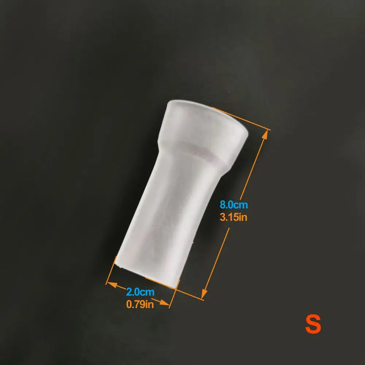This image shows a small clear transparent silicone sleeve for penis enlargers with a length of 3.15" inches and diameter of 0.79" inches.