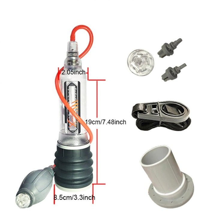 Small water penis pump with measurements and package components
