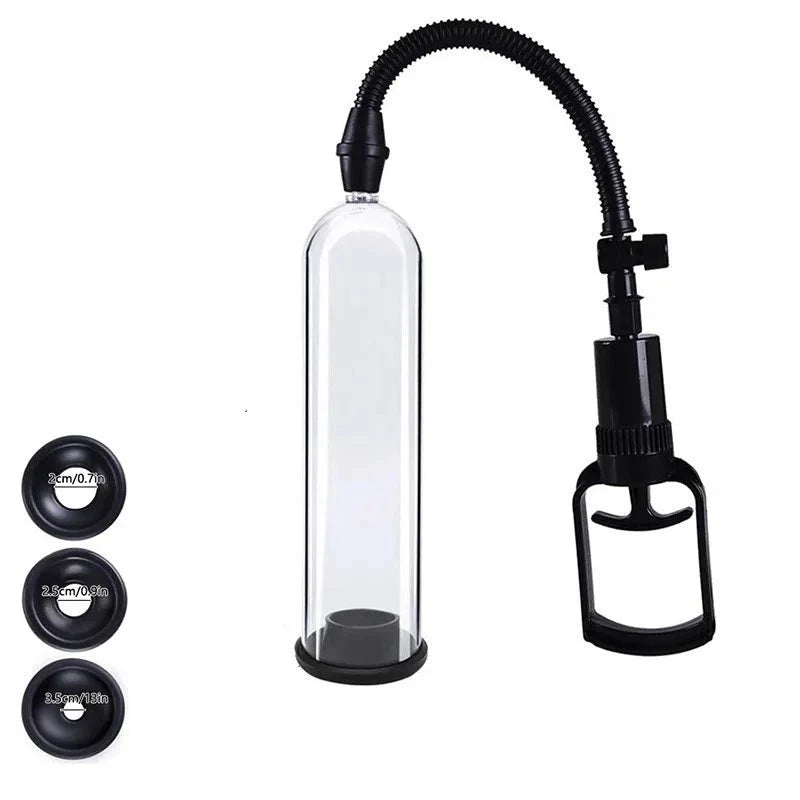 This image shows a basic manual handle penis pump with three silicone sleeves