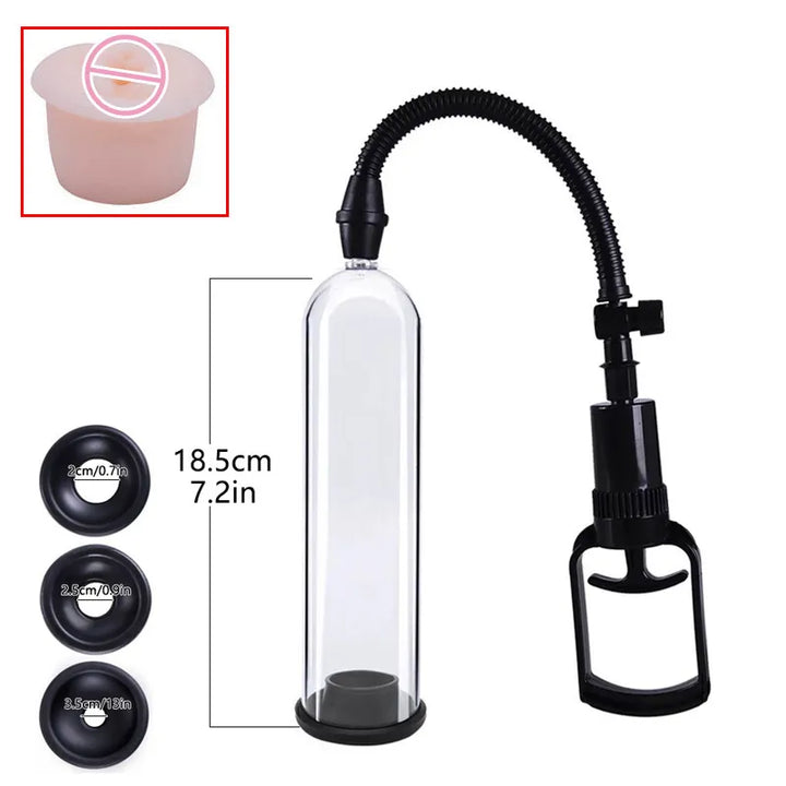 This image shows a starter penis pump bundle package with three black silicone sleeves and one flesh colored pleasure sleeve