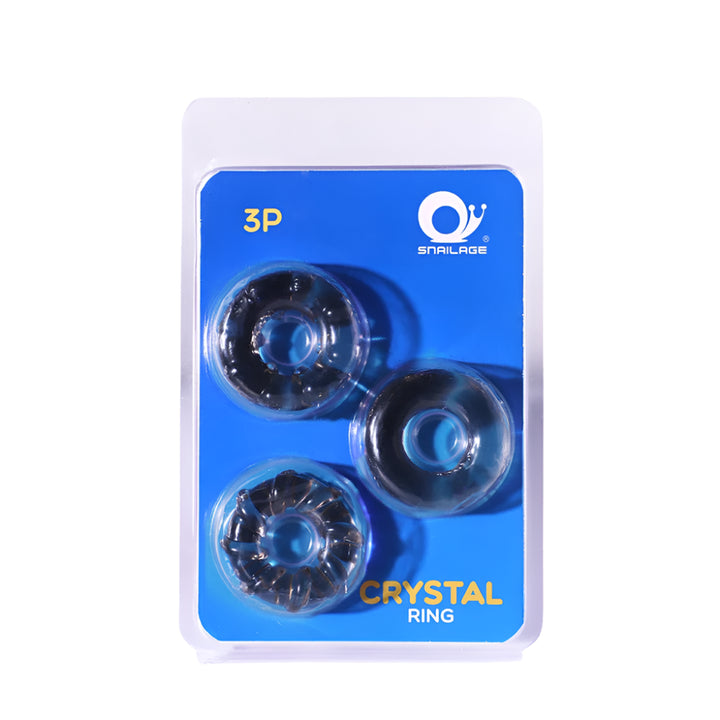 Packaging of silicone black rings with various textures on a blue background.