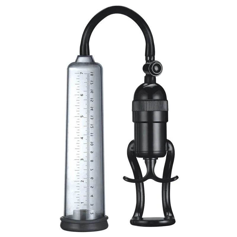 The product image shows a penis pump with a sleek black ergonomic manual-handle and a clear acrylic ruler-labeled cylinder, primarily in black and silver colors.