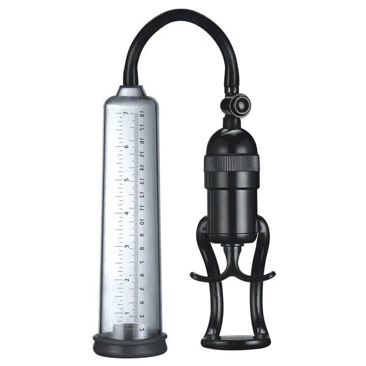 The product image shows a penis pump with a sleek black ergonomic manual-handle and a clear acrylic ruler-labeled cylinder, primarily in black and silver colors.