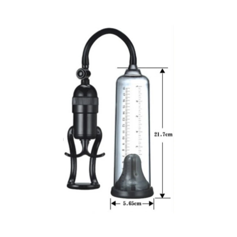 A graphic showing the large cylinder dimensions of the starter ergonomic manual-handle pump, which are 21.7 cm or 8.54" inches in length, and 5.65 cm or 2.22" inches in diameter width