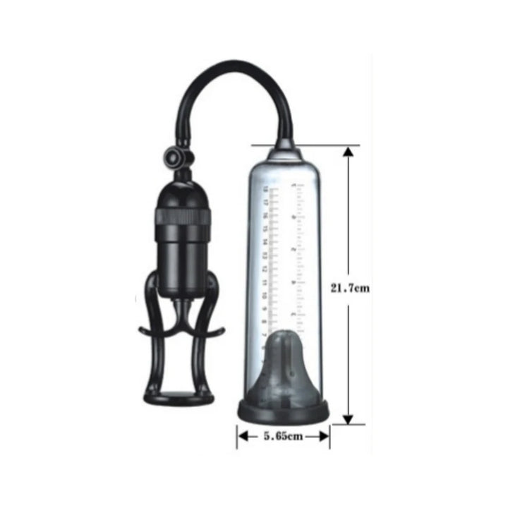 A graphic showing the large cylinder dimensions of the starter ergonomic manual-handle pump, which are 21.7 cm or 8.54" inches in length, and 5.65 cm or 2.22" inches in diameter width