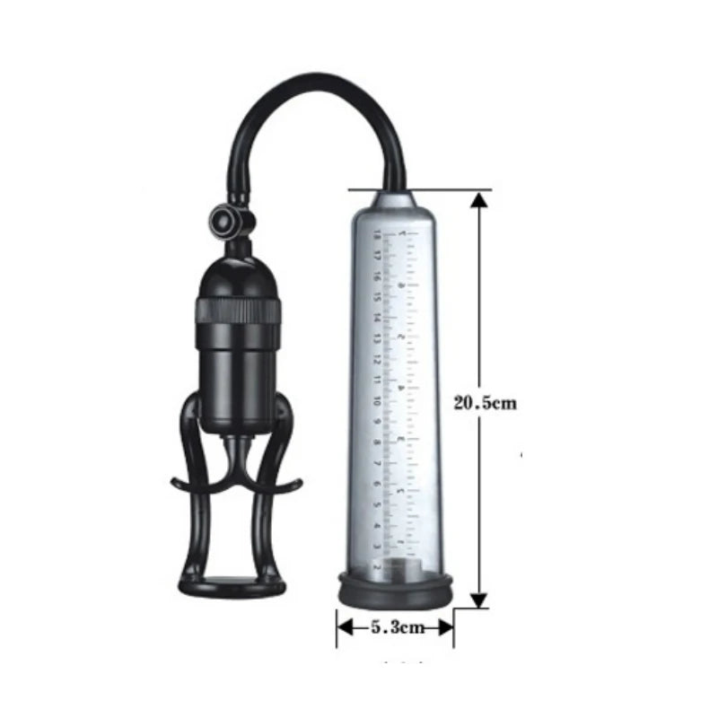 A graphic showing the dimensions of the cylinder of the starter ergonomic manual-handle air penis pump, which are 20.5 cm or 8.07" inches in length and 5.3 cm or 2.09" inches in diameter width