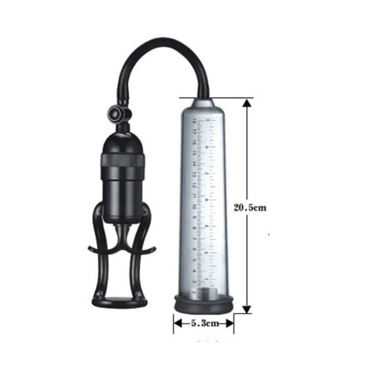 A graphic showing the dimensions of the cylinder of the starter ergonomic manual-handle air penis pump, which are 20.5 cm or 8.07" inches in length and 5.3 cm or 2.09" inches in diameter width