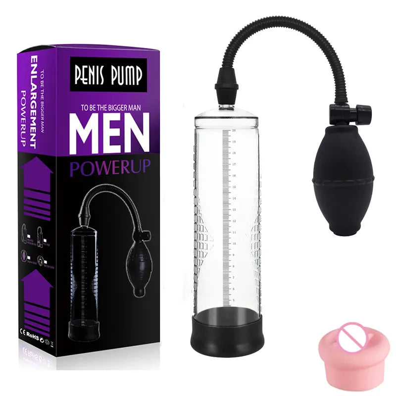 This Image Shows a Starter Manual-Ball Air Penis Pump with a Clear Rulered Cylinder, One Flesh Pleasure Sleeve and a Purple Product Box