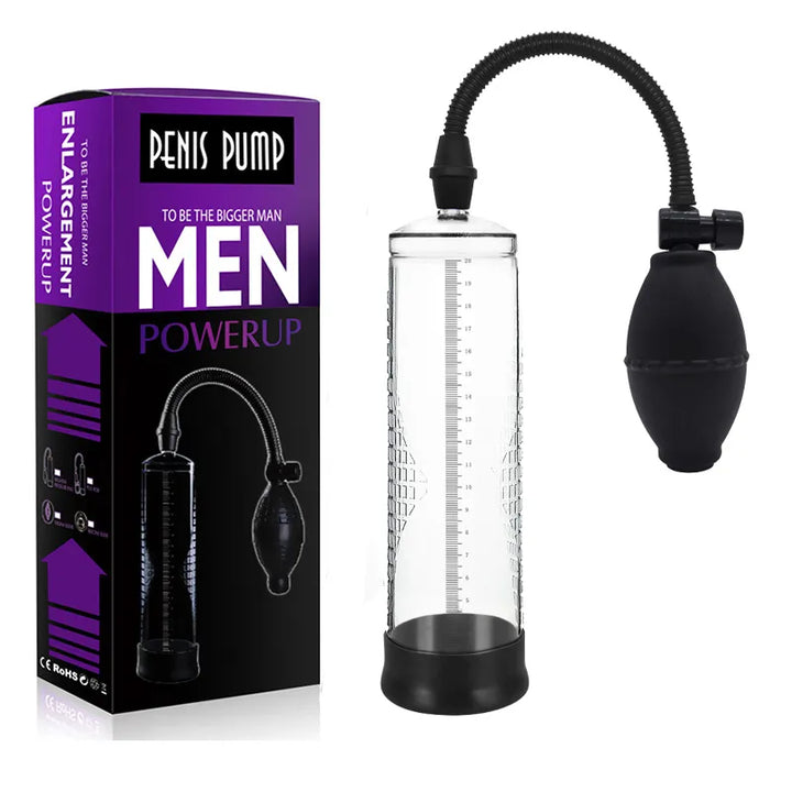 This image shows a manual-ball air penis pump with black and clear details, and a purple product box
