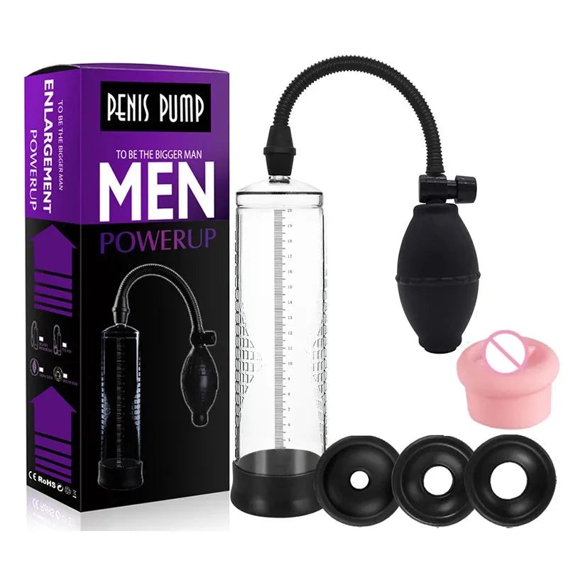 This Image Shows a Starter Manual-Ball Air Penis Pump with a Clear Rulered Cylinder, Three Black Silicone Sleeves, One Flesh-Colored Pleasure Sleeve, and a Purple Product Box