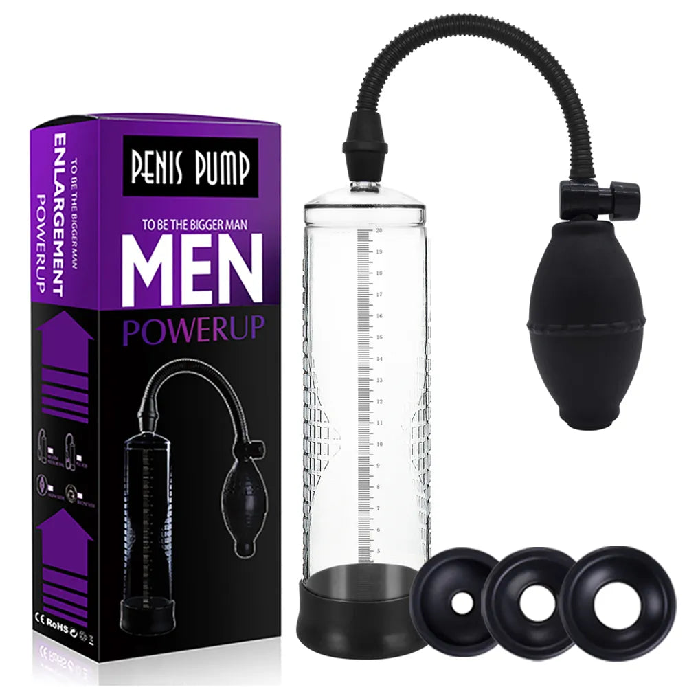 This image shows a starter Manual-Ball Air Penis Pump with Three black Silicone Sleeves and a purple Product Box