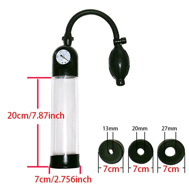 The starter manual-ball penis pump package two that comes with three black silicone sleeves of varying sizes