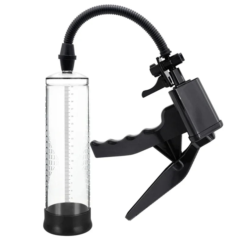 A Starter Manual-Trigger Air Penis Pump with a clear acrylic ruler-imprinted cylinder, black pistol-trigger hand pump, and a black flexible hose, on a white background