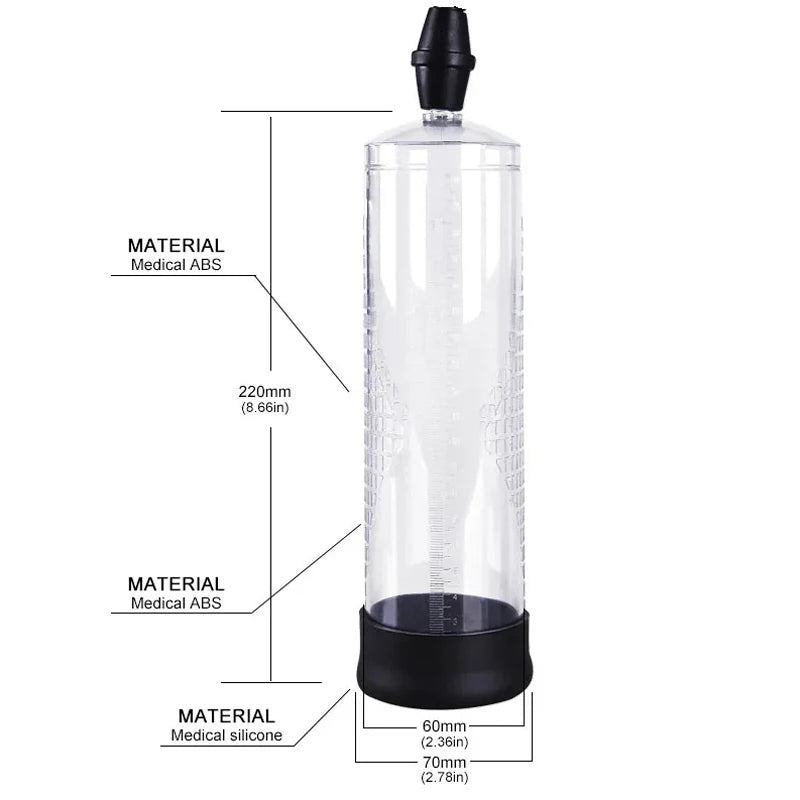 An image showing the cylinder for the starter manual-trigger pump with medical ABS plastic material and an 8.66" inch length, and a black medical silicone cylinder sleeve with a 2.78" inch diameter width