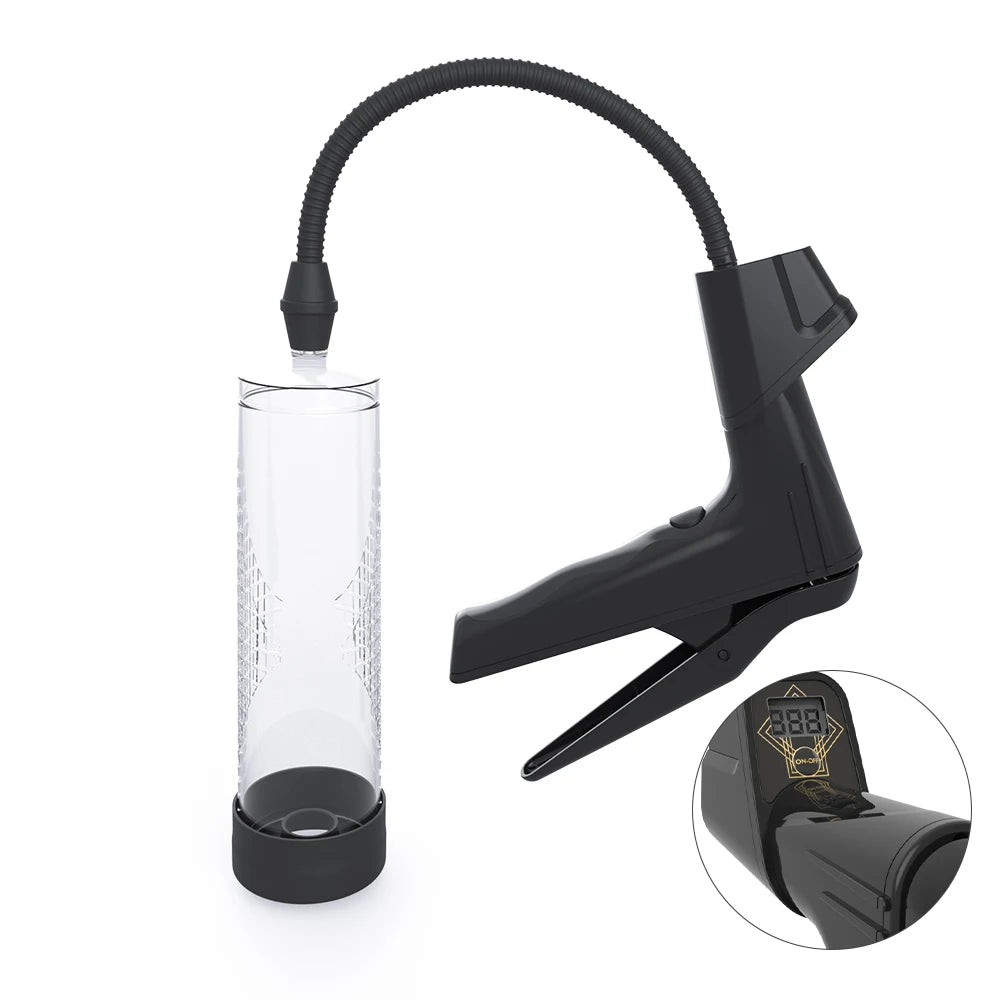 A manual-trigger style penis pump with a clear acrylic cylinder, a black hose, and a digital LCD screen that displays the vacuum pressure