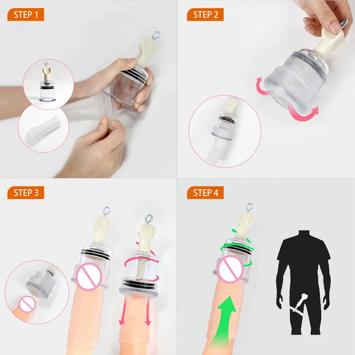 An image of step by step instructions for how to use the ProHang Penis Hanger including attaching the silicone sleeve to the hanger cup, rolling the sleeve sides down over the cup, inserting the penis into the cup and rolling down the sleeve, and finally extending or hanging the penis hanger to start lengthening.