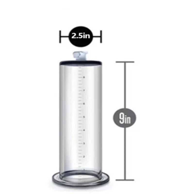 A straight cylinder, ruler-labeled replacement part for an air powered penis pump measuring 9 inches by 2.5 inches