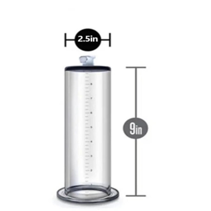 A straight cylinder, ruler-labeled replacement part for an air powered penis pump measuring 9 inches by 2.5 inches