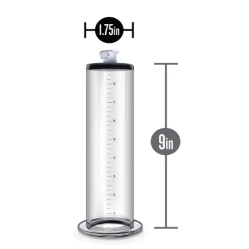 A straight cylinder replacement part for an air powered penis pump with a ruler-etched side measuring 9 inches by 1.75 inches