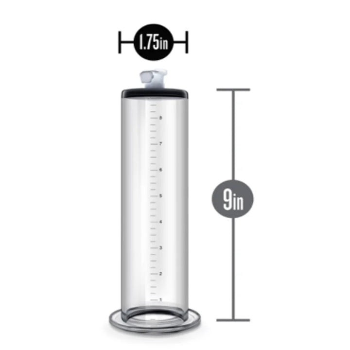 A straight cylinder replacement part for an air powered penis pump with a ruler-etched side measuring 9 inches by 1.75 inches
