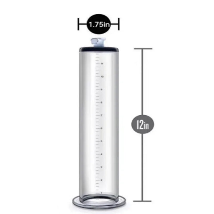This image shows a long straight clear acrylic penis pump spare part with an inch-increment ruler imprinted on the side measuring 12 inches by 1.75 inches