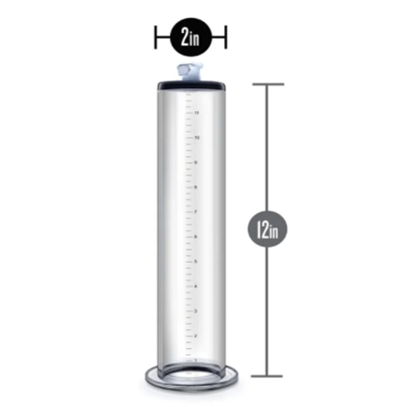 This image shows a long straight clear acrylic penis pump spare part with an inch-increment ruler imprinted on the side measuring 12 inches by 2 inches