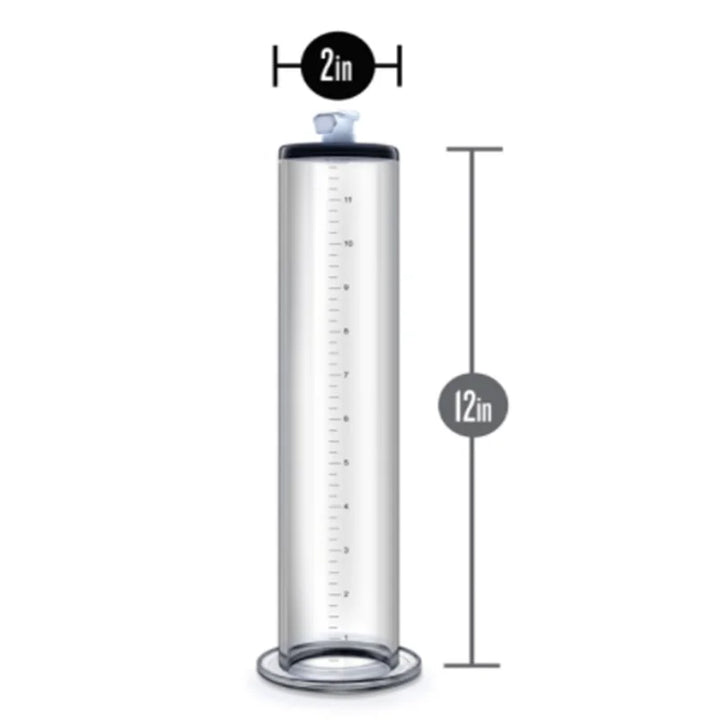 This image shows a long straight clear acrylic penis pump spare part with an inch-increment ruler imprinted on the side measuring 12 inches by 2 inches