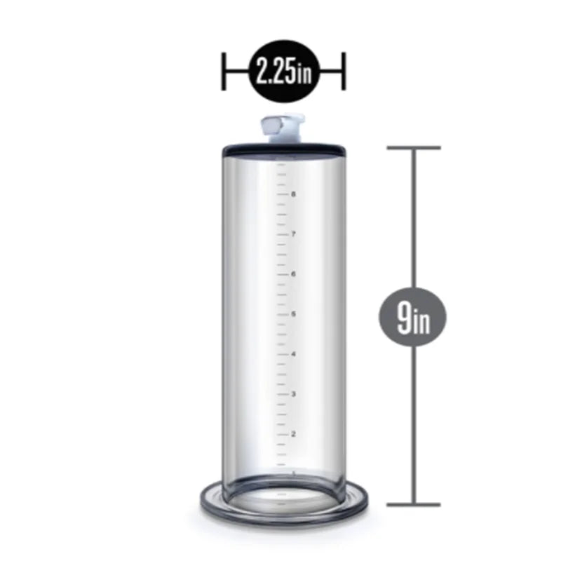 A straight cylinder replacement part with ruler labels for an air powered penis pump measuring 9 inches by 2.25 inches