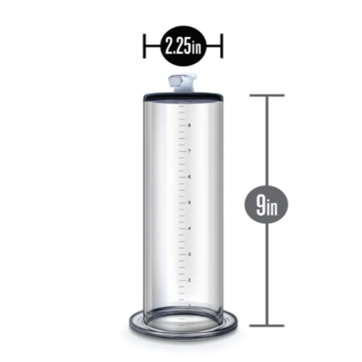A straight cylinder replacement part with ruler labels for an air powered penis pump measuring 9 inches by 2.25 inches