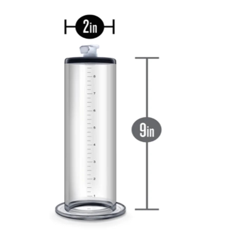 A straight cylinder ruled-labeled replacement part for an air powered penis pump measuring 9 inches by 2 inches