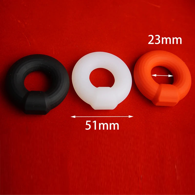 Three silicone constriction bands in black, white, and red on a red background with measurements indicated.