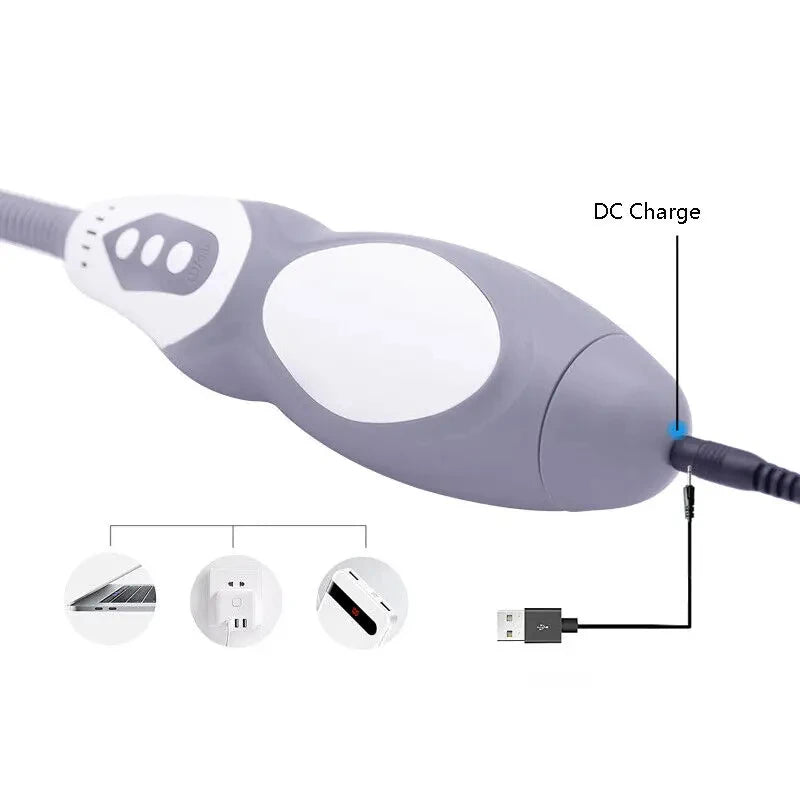An instructional image showing how to charge the three-button gray and white vacuum pump using a USB DC cable and plugging it into the bottom of the device, along with a computer, outlet, and phone as battery sources